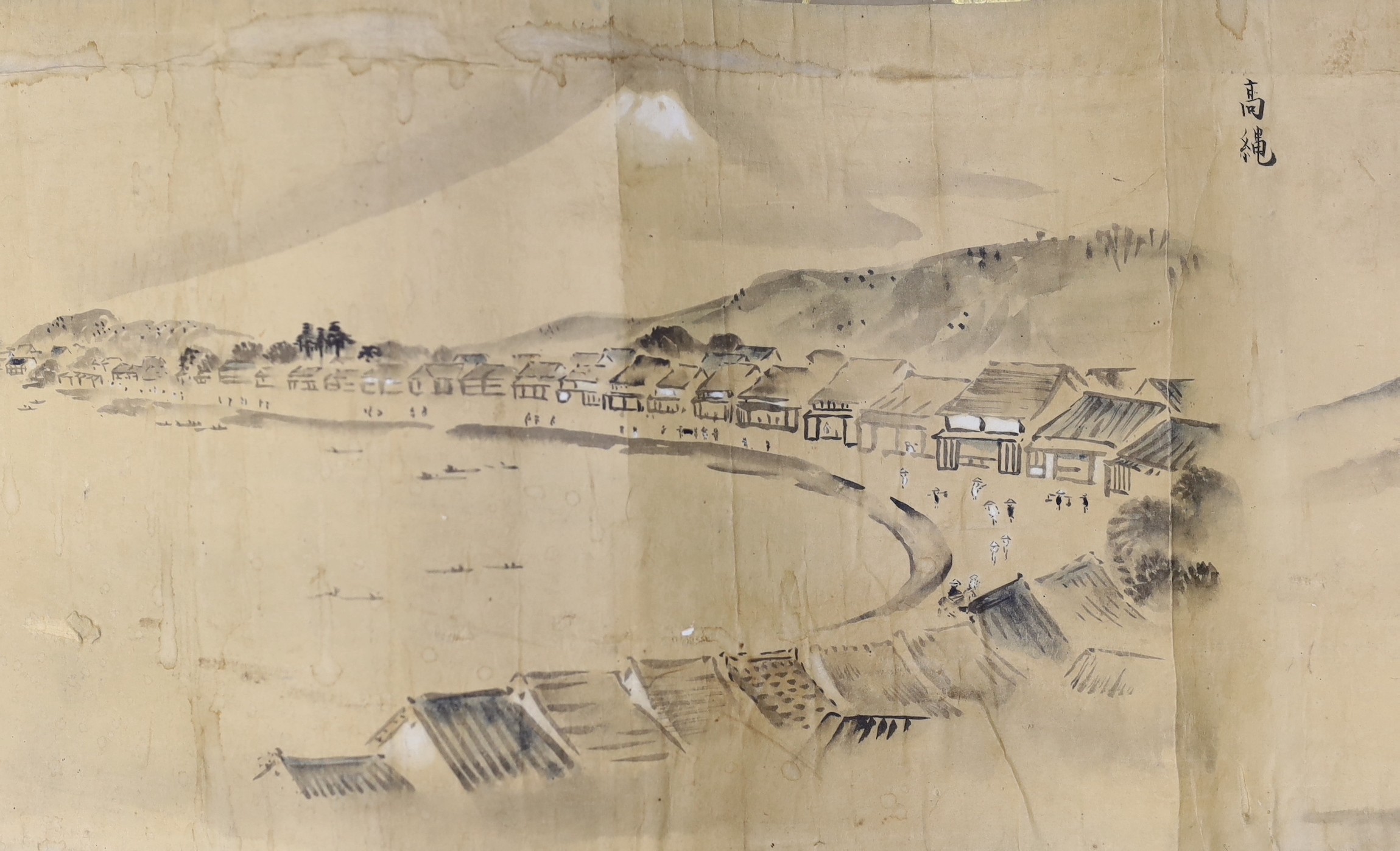 A Japanese landscape painting on paper hand scroll, Edo period, titled views, now in two parts, incomplete, image 27cm high x approximately 470cm wide